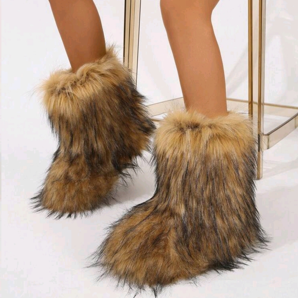 Women Winter Boots - Fashionable Mid-Calf Boots, Faux Fur Flat Snow Boots, Furry - Picture 3 of 6